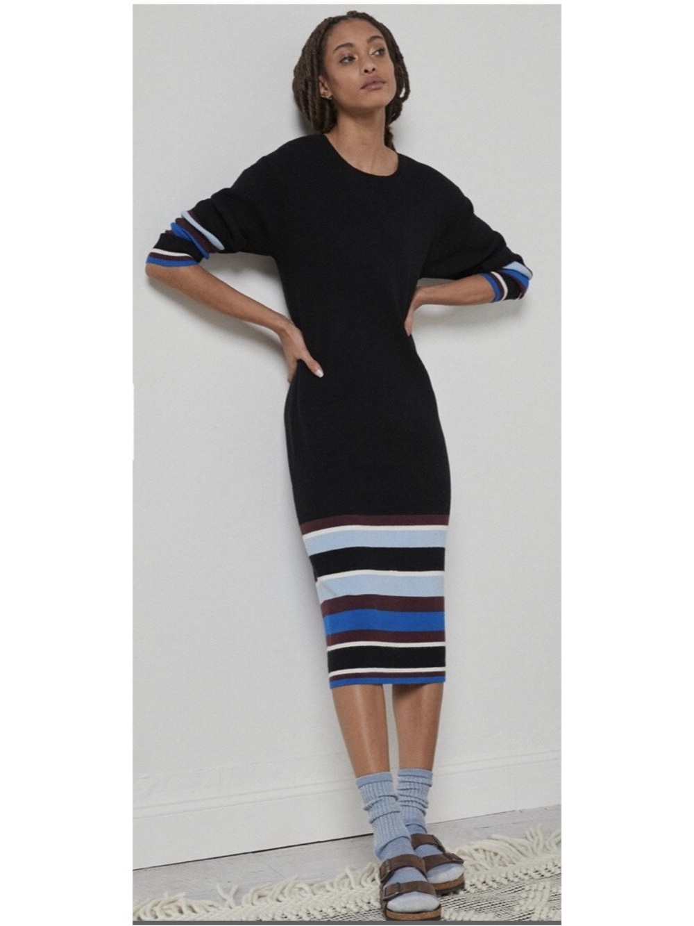 Anthropologie || Saturday Sunday Parvati Knit Midi Dress Striped Black Blue XS